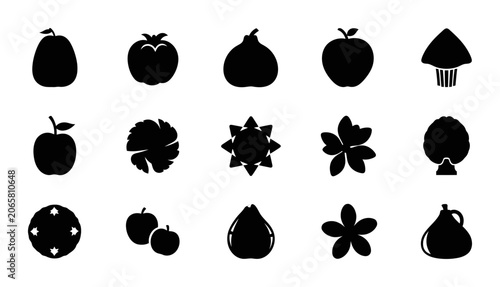 Organic Fruit And Plant Silhouette Collection Set Featuring Various Tropical Produce Botanical Leaves And Natural Food Icons For Graphic Design Projects