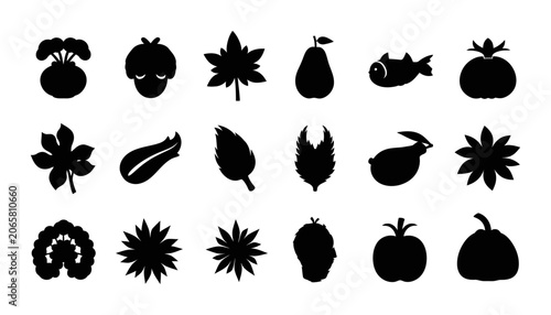 Set Of Eighteen Botanical Fruit And Vegetable Silhouettes Vector Collection Featuring Various Organic Garden Produce Icons For Natural Food Design