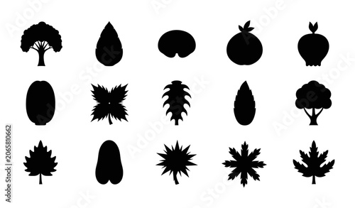 Tree Leaf Silhouette Icon Set Collection Featuring Diverse Botanical Foliage Shapes Nature Vector Elements For Graphic Design And Digital Projects