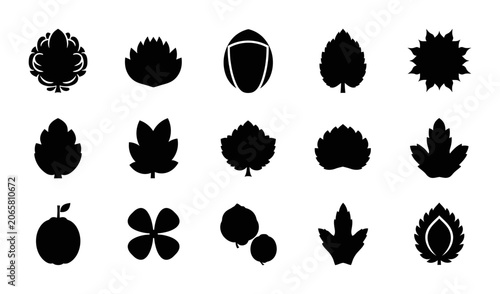 Black Silhouette Leaf And Nature Icon Set Featuring Various Botanical Foliage Shapes And Organic Floral Elements For Creative Design Vector Collection