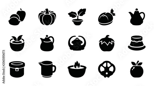 Food And Kitchenware Silhouette Icon Set Featuring Fresh Fruits Vegetables Teapots Bowls And Cooking Utensils For Culinary And Restaurant Projects
