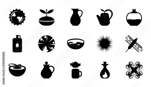 Minimalist Black Glyph Icon Set Featuring Organic Shapes Kitchenware Plants And Abstract Symbols For Modern Graphic Design And Digital Interface Projects