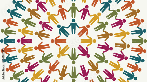 Colorful diverse human figures holding hands in concentric circles
