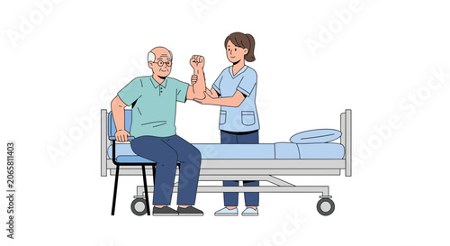 Nurse Assisting Elderly Man With Arm Exercises on Hospital Bed