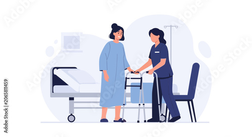 Nurse assisting patient with walker in hospital room - Flat illustration