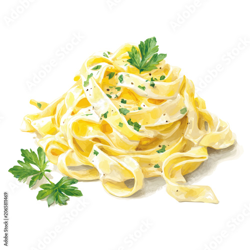 Photos Fettuccine Alfredo watercolor vector illustration, high-quality artwork isolated on a pure white background