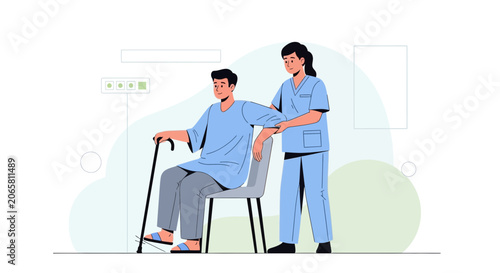 Nurse assists patient with cane in hospital room, flat illustration