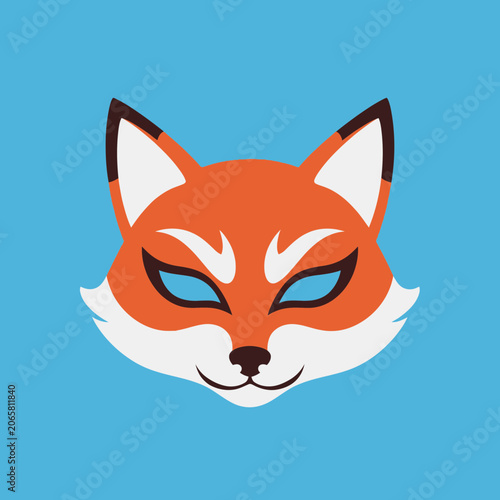 Stylized fox face illustration, cartoon style, blue eyes, orange fur