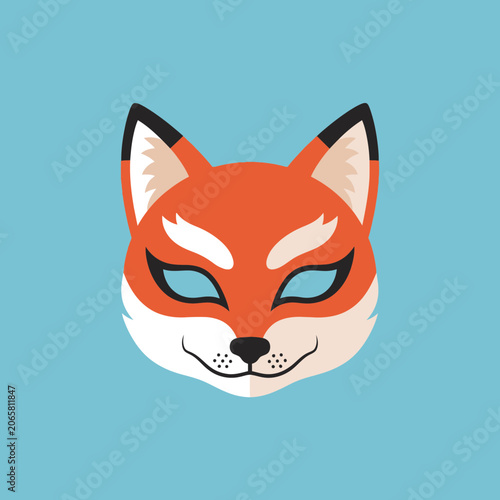 Stylized Fox Mask Icon, Flat Design, Blue Background