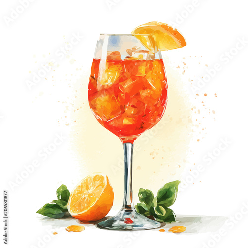 Konstfotografi Watercolor Aperol Spritz vector, artistic painting style, high-resolution illustration on a pure white background