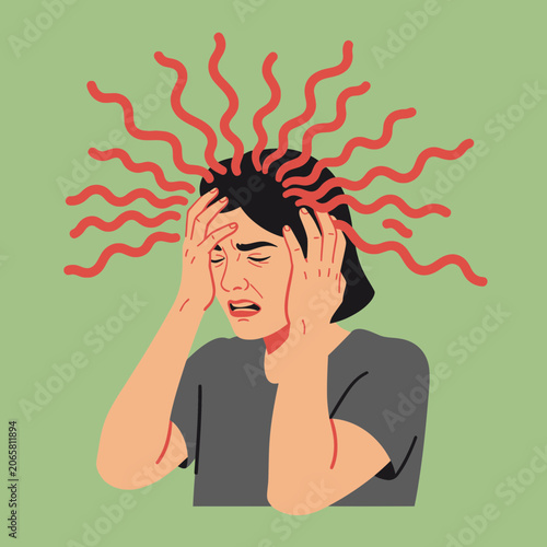 Woman with severe headache, holding head, stress, migraine, mental health