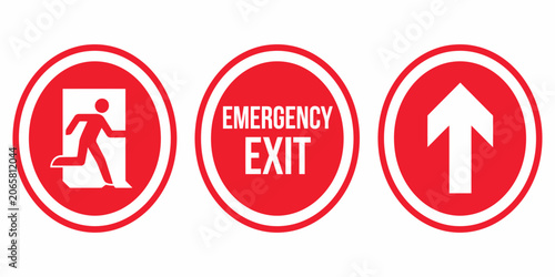 Set of Three Red Emergency Exit Direction Signs with Transparent Background