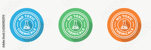Three colorful no toxic chemicals badges with flask icons
