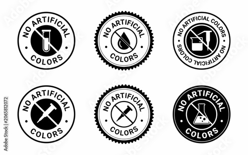 Set of no artificial colors badges with different prohibition symbols isolated design