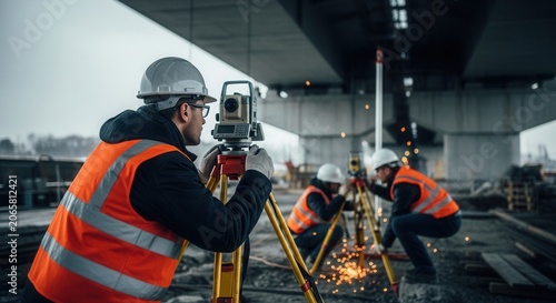 Construction Surveyors Work Underneath Bridge Structure