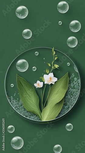 White lily flower with yellow stamens in a glass vase on a green background