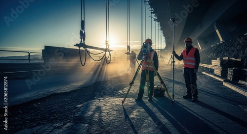 Construction Surveyors Working On A Bridge Project At Sunrise With Sunbeams