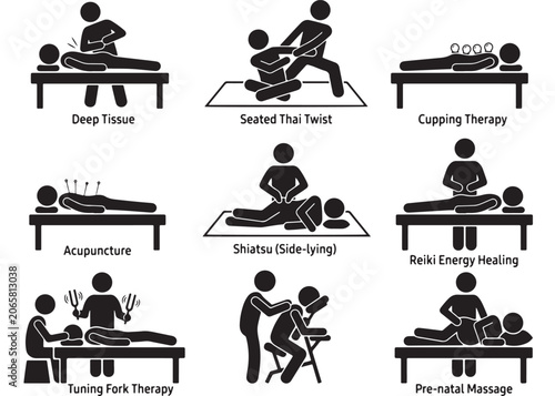 Massage therapy and bodywork icons set, 9 alternative medicine treatment vector pictograms, wellness and holistic healing spa services