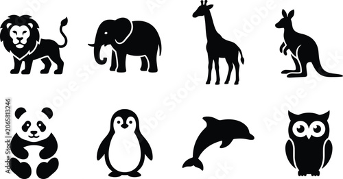 Photography Cute Wild Animal Silhouette Collection with Safari Wildlife Icons and Vector Des