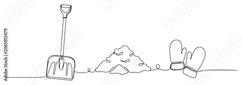 Photos Snow shovel with pile of snow and winter mittens in continuous one line drawing