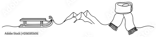 Sled mountains and winter scarf in continuous one line art style