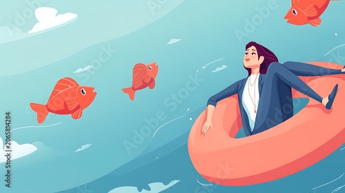 Woman in red swimsuit floating on pink inflatable unicorn in blue pool