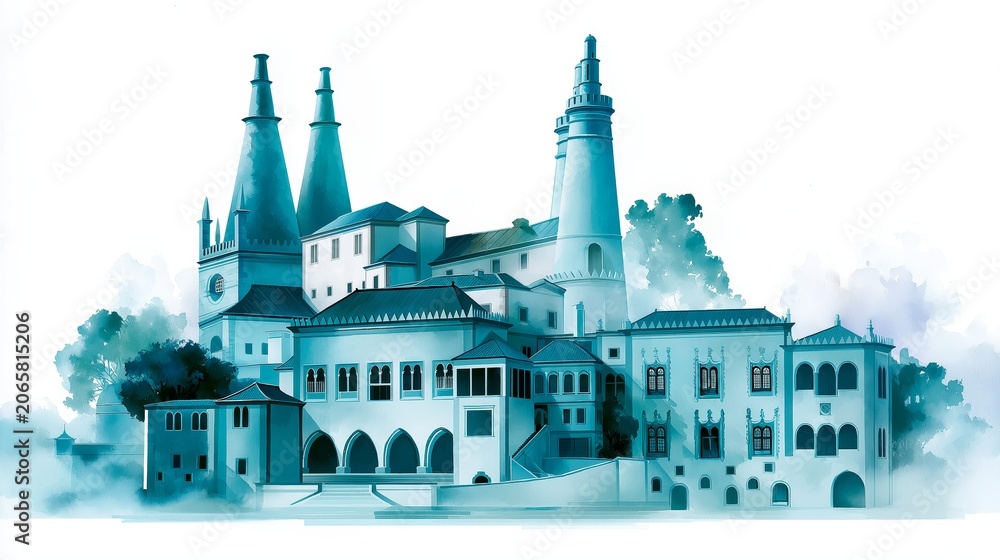 Obraz premium Digital watercolor illustration of historic architectural landmark with towers and intricate windows set in lush greenery bright artistic composition