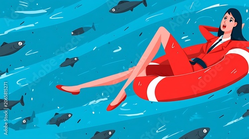 Woman in red swimsuit floating on pink inflatable unicorn in blue pool