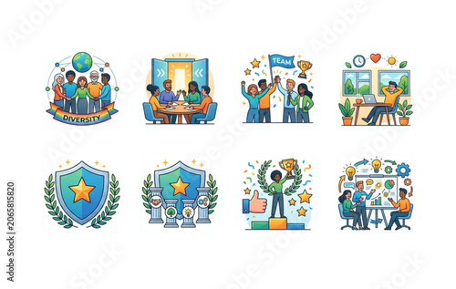 Colorful vector illustration set showing diverse business teamwork and professional success