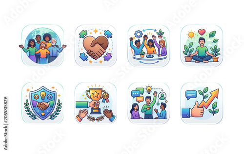 Colorful vector icon set depicting diverse teamwork and professional business success