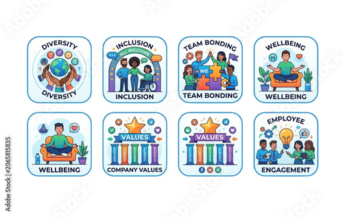 Colorful vector illustration set depicting diverse corporate workplace culture and values