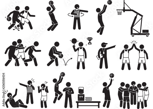 Basketball stick figure icons set, black and white sports athlete silhouettes, basketball player action poses and referee symbols vector