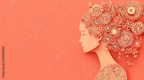 Woman with intricate floral patterned headscarf and gold circular earring on orange background