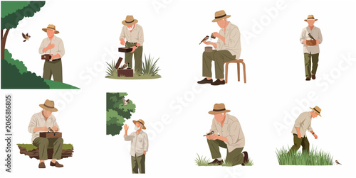 Konstfotografi Elderly man caring for birds and sparrows in nature set, senior ornithologist bi