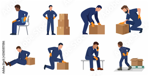 Bild auf Leinwand Manual workers suffering from back pain and spinal injuries during heavy lifting in warehouse, ergonomic safety and occupational health concept vector illustration