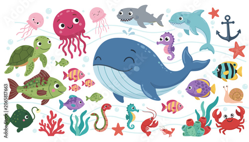 Photography Cute cartoon sea animals collection set with jellyfish illustration wildlife