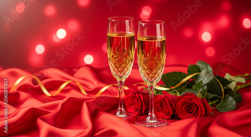 Premium Valentine Editorial Background with Champagne Glasses, Red Roses and Text Space