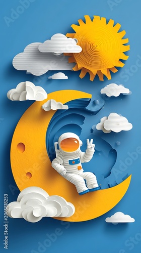 Yellow orange and white cloud shaped balloons floating in blue sky background