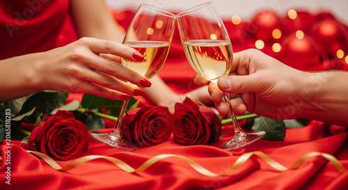 Valentine lifestyle champagne celebration with roses, satin and romantic lighting, elegant luxury couple toast aesthetic editorial scene