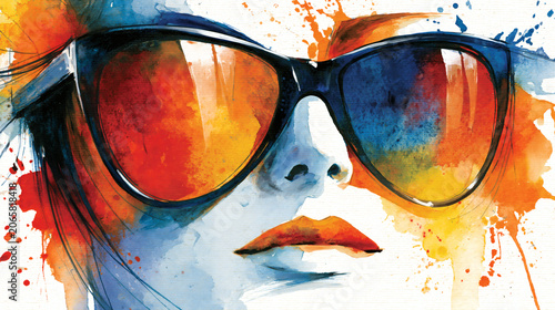 Vibrant Watercolor Woman with Sunglasses Close-Up – Colorful Fashion Illustration