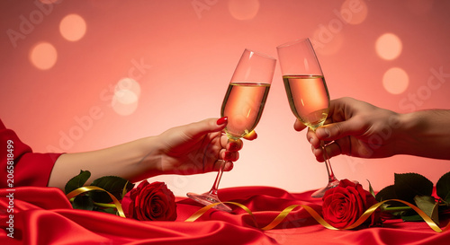 Valentine champagne clinking moment with crystal glasses, roses and satin, luxury romantic composition with copy space