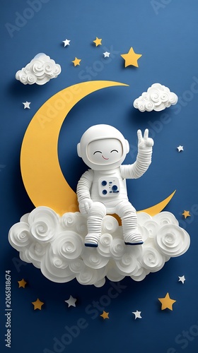 Yellow orange white cloud shaped balloons with star confetti in blue sky