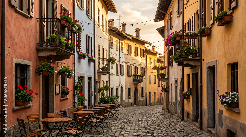 Fototapeta premium Picturesque European alley, colorful facades, outdoor cafe setting, soft warm light, peaceful travel destination