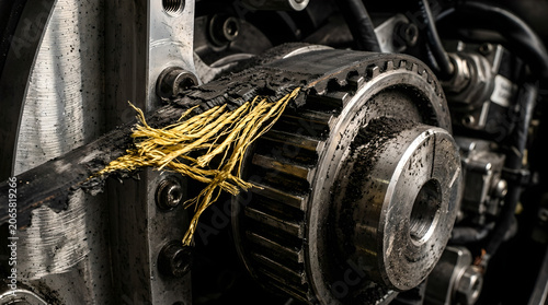 Close Up Of A Severely Damaged Black Timing Belt With Exposed Yellow Fibers On A Dirty Engine Pulley, Industrial Photography