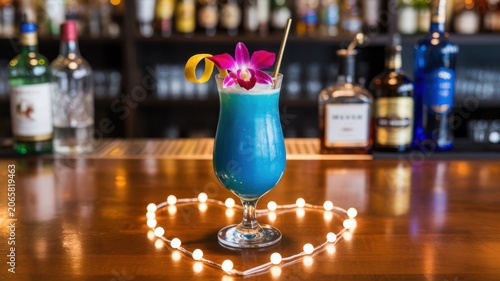 Tropical Blue Cocktail With Orchid And Citrus Garnish On Wooden Bar