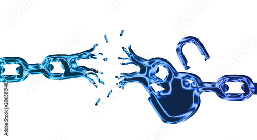 Fotografie A blue chain breaks free from a handcuff on a transparent background