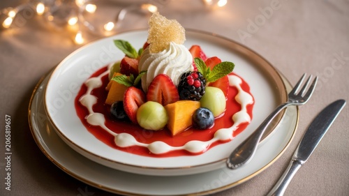 Gourmet Dessert Plate With Fresh Berries And Cream On Dining Table