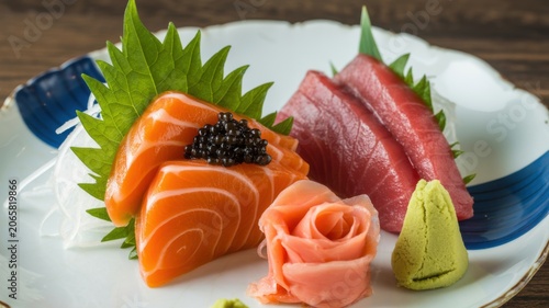Fresh sashimi platter with salmon, tuna, and seafood garnished with flowers and greens