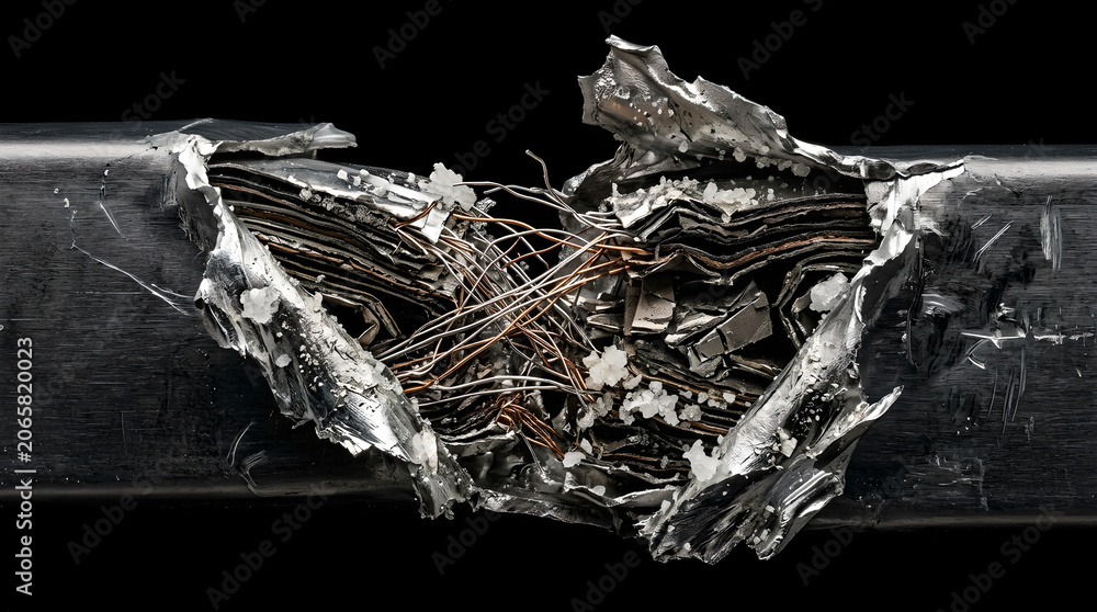 Fototapeta premium Creative Damaged, industrial, metal pipe, exposed wires, destruction, infrastructure, failure 4K