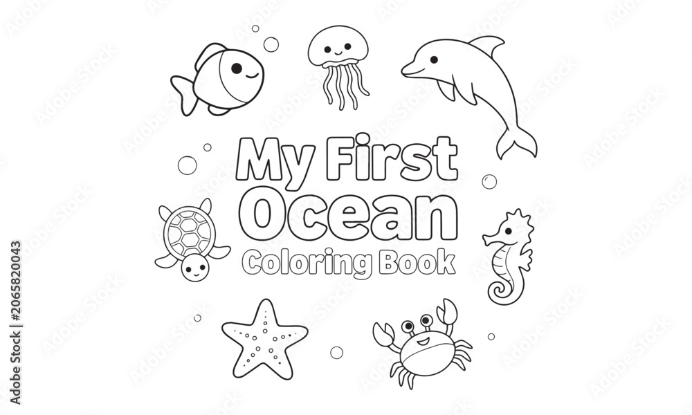 Fototapeta premium My First Ocean Coloring Book Png Isolated on Transparent Background with Cute Seal Jellyfish and Starfish Doodles